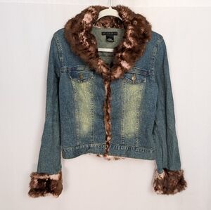 Vintage Sheri Bodell Denim Jacket Rabbit Fur Trim Y2K 90s